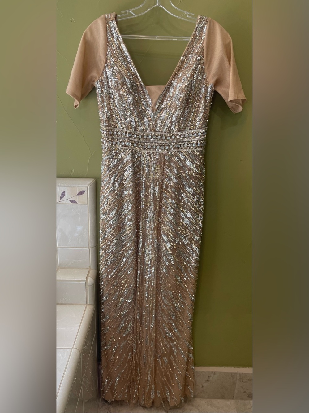 Jovani Gold Sequin V-Neck Gown Beaded Column Gown With Draped Cape Sleeves 36358 - Picture 8 of 9